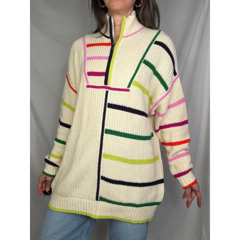 STAUD Hampton Sweater Cream Multi Color Stripe Quarter Zip Knit Oversized Long S - Picture 9 of 11